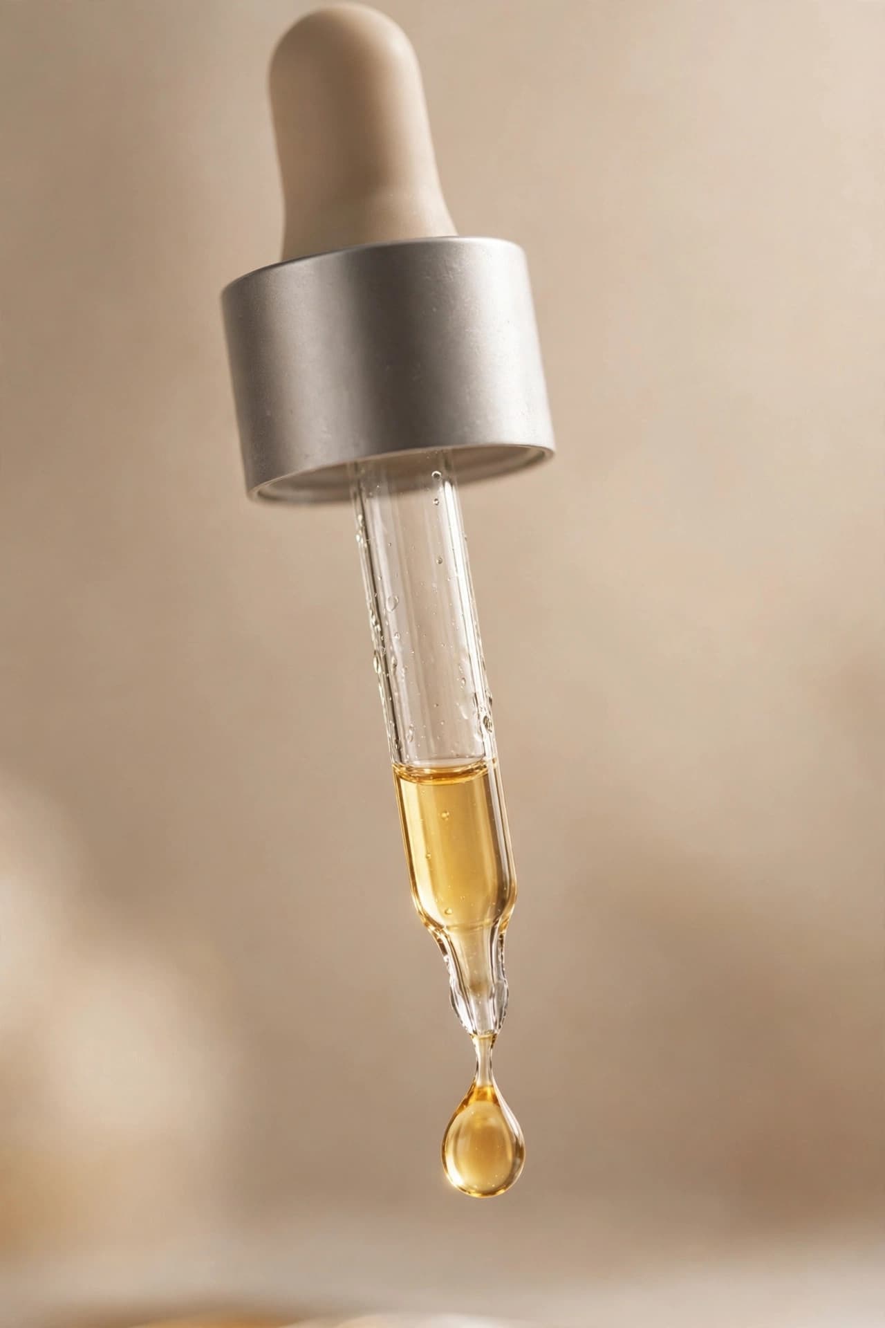 A single golden drop of serum falling from a glass dropper