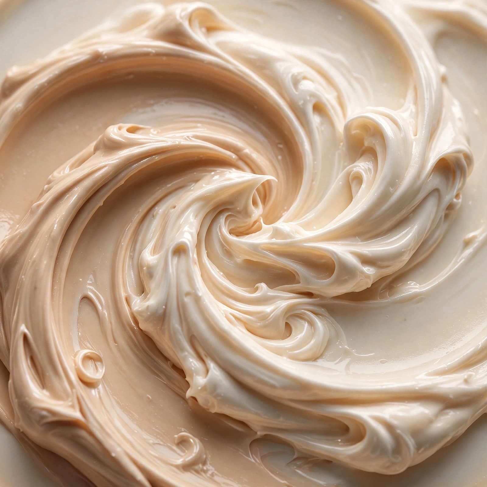 Close-up of a soft, swirled cream in warm ivory tones